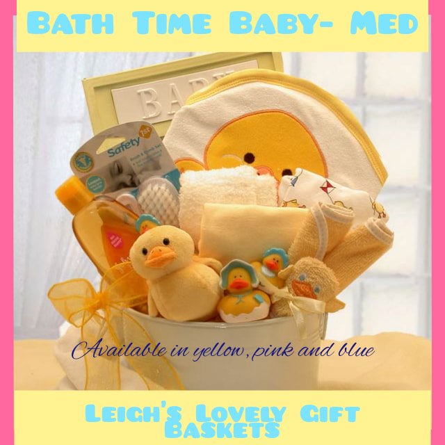 Make baby's bath time enjoyable with this 8 " round, white wash tub filled with essentials! Includes Plush 9"baby Duck,  3 Rubber Ducks (1 momma and two babies), 
Johnson and Johnson Tearless Baby Shampoo,
2 100% Cotton Tee-shirts, Hooded Baby Bath Towel,2 Baby Caps,4 Terry Cloth Wash Cloths,
5x7 Baby Picture Frame, and a
Baby Brush and Comb Set. Available in Yellow, Pink and Blue. 