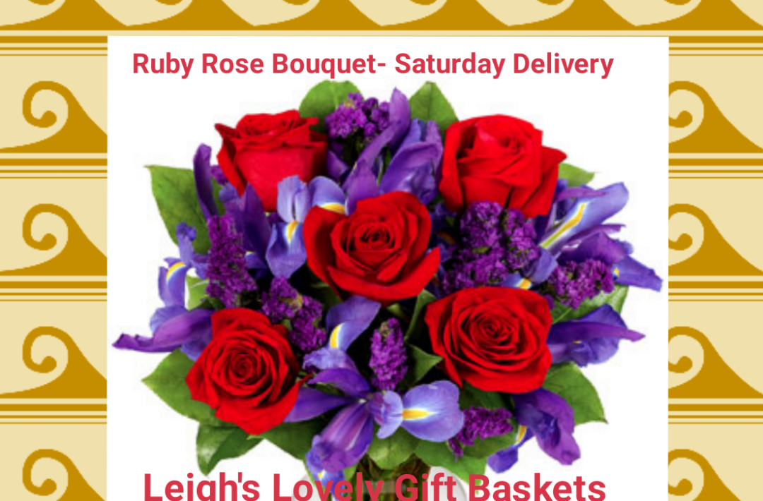 Ruby Rose Bouquet- Saturday Delivery.  Romantic bouquet features Ruby Red Roses, Purple Statice and  Blue iris. Includes a clear glass garden vase. Personalized Card Message is included. Freshness Guaranteed. Special Saturday Delivery $22.95 Ships by UPS in a box straight from our Flower Farms. Sorry No Saturday shipping to hospitals and funeral homes
VASE MAY VARY