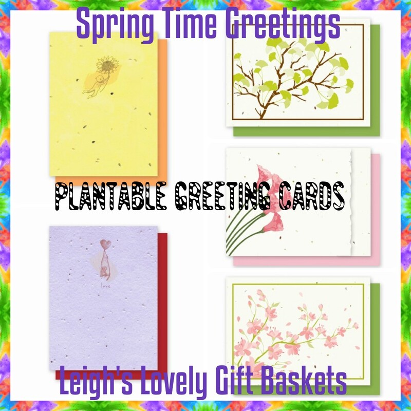 Spring Time Greeting Cards includes one pack  of four cards in a single design. Stylized contemporary and traditional landscape designs are available. All cards are embedded with a variety of wildflower seeds except the Flying Sunflower card. Select the Spring Time Greetings category. 