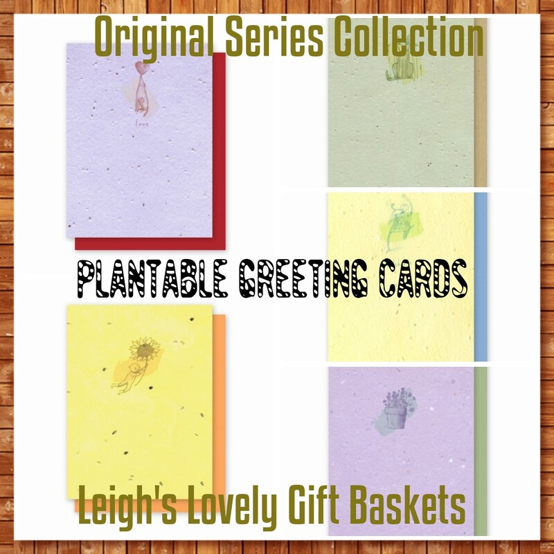 Original Series Collection Cards includes five designs in single variety packs  of four cards and one multi-variety pack of four. Stylized contemporary  designs are whimsical and fun.   All cards are embedded with a variety of wildflower seeds except the Flying Sunflower card and Catnip cards which contain sunflowers and catnip.  Select the Original Series category. 
This Variety Pack from our Original Series contains:
1 - Thank You
1 - Thinking of You
1 - Happy Birthday
1 - Love