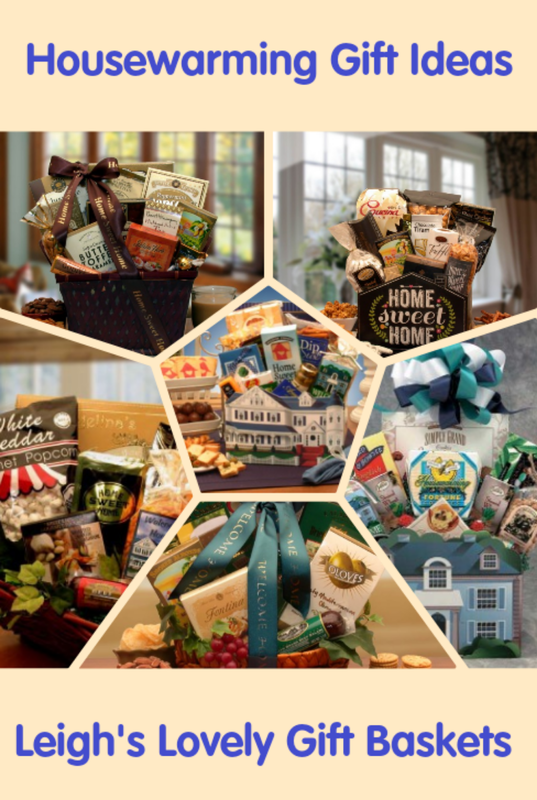 Housewarming gifts collage link to Leigh's Shopping website. Select Gift Baskets from the SHOP Menu. Select All Gift Basket Gift Ideas. Select Realtor/ Housewarming category. 