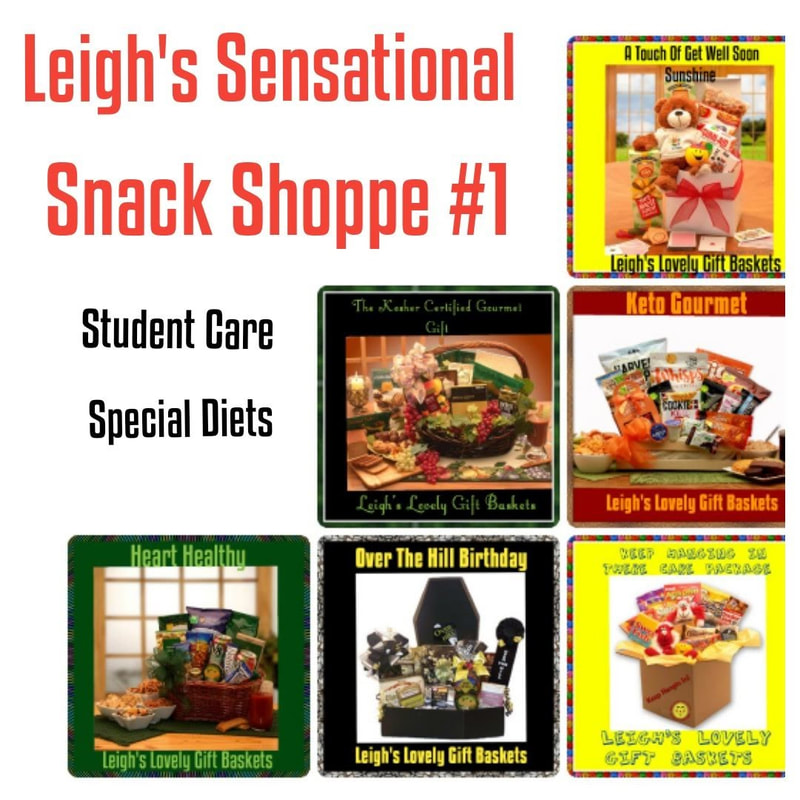 Leigh's Sensational Snacking Shoppe I page link. This page features snack gift ideas for students and those with special dietary needs: Heart Healthy, Kosher, Keto, and Sugar Free/ Diabetic