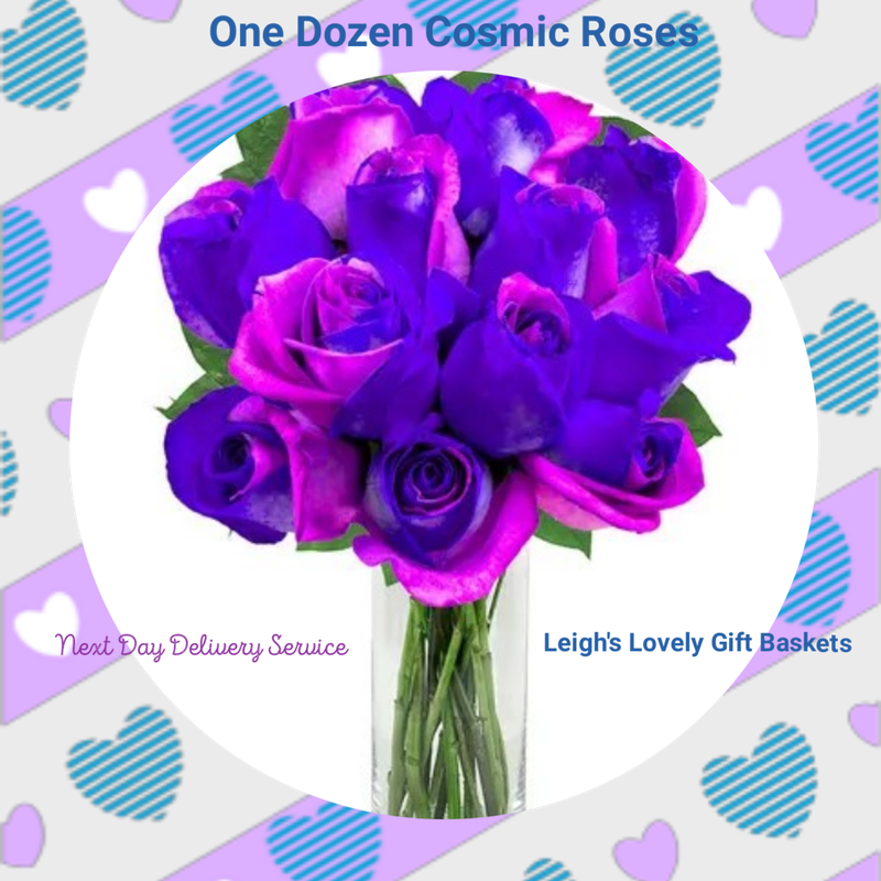 One Dozen Cosmic Roses are brilliantly colored in shades of pink and purple, Galaxy themed flowers are enchanting and perfect for any occasion!  Bouquet is arranged and shipped via UPS in a long flower box  with a clear glass vase and flower food packet.
Includes twelve Galaxy Dyed Rose, Personalized Card Message and a Clear Cylinder Vase. Flowers ship Overnight for Next Day Delivery. 