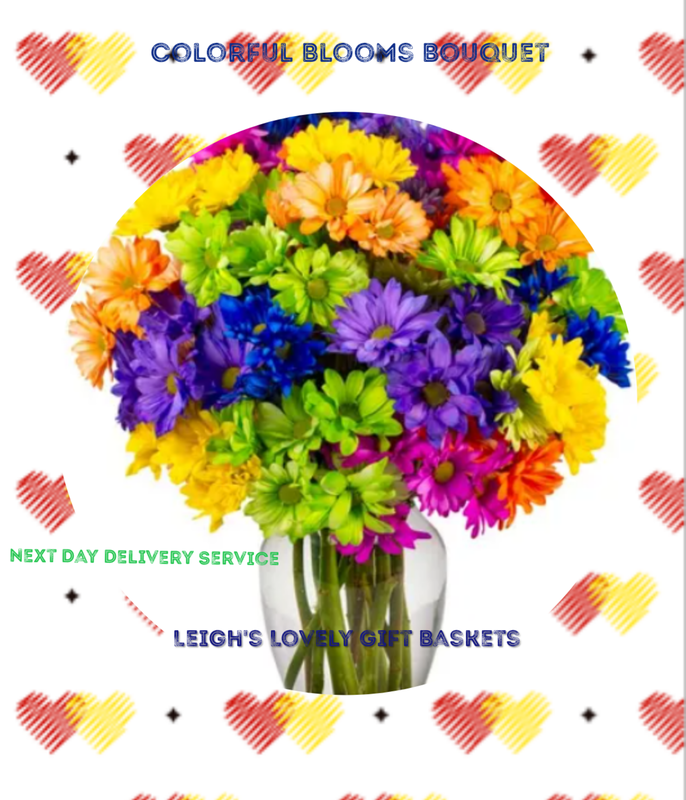 Colorful Blooms Bouquet 
Bold and colorful describe this bouquet of neon colored poms! Includes Assorted Neon Poms and your choice of glass vase, Birthday Vase or Be Well! Vase and a  Personalized Card Message. Bouquet is arranged and shipped via UPS in a long flower box with vase and flower food packet. Follow the instructions in the box for long lasting flowers. Flowers ship Overnight via UPS for Next Day Delivery . 
