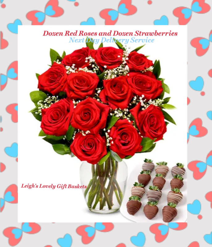 Dozen Red Roses and Dozen Strawberries
This winning combination is delivered via UPS Overnight Shipping with everything needed to impress. Roses are arranged in a bouquet. Trim ends and add to the glass vase ( included) with water and the packet of flower food. These roses are shipped pre-bloomed and will completely bloom in 2-3 days and last for weeks. Strawberries are dipped in Belgian Milk Chocolate, Six are decorated with drizzled icing. 