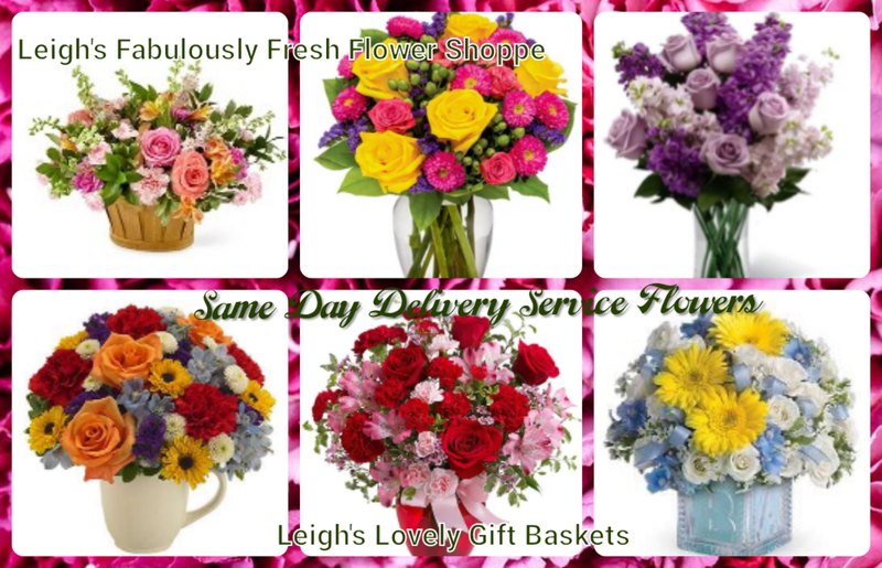 Collage link to connect to Leigh's Fabulously Fresh Flower Shoppe: Same Day Delivery Service Flowers page and shop. These lovely flowers are arranged and delivered by a local network florist with Same Day Delivery Service available Monday through Friday. 