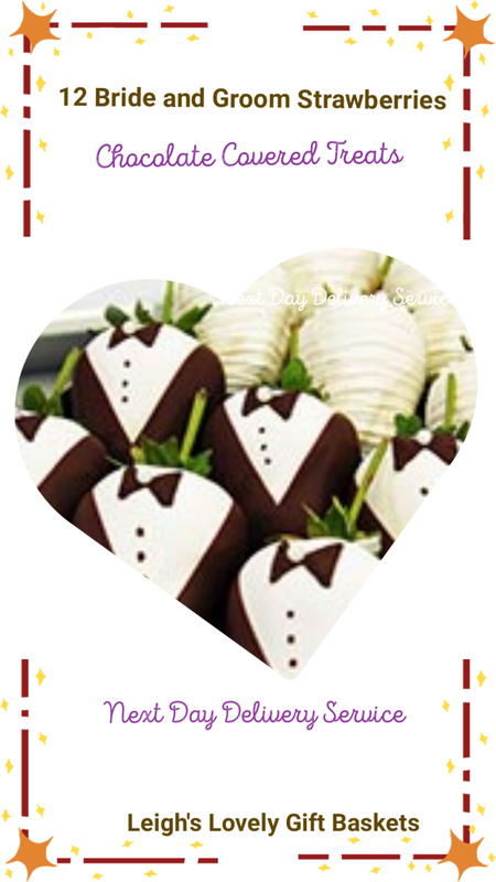 Celebrate a wedding or anniversary with these artfully crafted strawberries decorated to resemble the Bride and Groom! 

The Bride wears a gown of imported belgian white chocolate. The groom pairs a tuxedo - white chocolate shirt with dark belgian chocolate vest and a jaunty bow tie. Chocolate contains milk and soy.

 6 of each themed strawberries packaged in an elegant gift box and shipped in a Reusable Cooler with Overnight shipping for Next Day Delivery. Photo connects to Leigh's online gift boutique. 