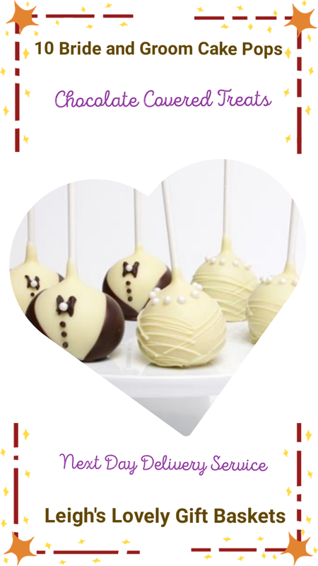 10 Bride and Groom Cake Pops

 Ten luxurious Cake Pops are hand-dipped in Belgian chocolate and designed to represent the bride in her wedding dress and a groom in his tuxedo. The bride wears a gown of imported Belgian white. The groom wears a white chocolate shirt with Belgian dark chocolate as the vest and a jaunty bow tie. 
Cake Pops arrive in an elegant gift box perfect for a wedding or anniversary celebration. 

Chocolate contains milk and soy. This product is made in a facility that manufactures products containing one or more of the following ingredients: peanuts, tree nuts, soybeans milk, eggs and wheat.
Ships Overnight via UPS for Next Day Delivery Tues-Fri. Order before 12 pm EST Monday- Thurs.  Photo links to Leigh's online gift boutique