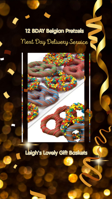 Photo  of 12 BDAY Belgian Pretzels, a delicious new Chocolate Covered Treat with Next Day Delivery Service via UPS . Photo connects to Leigh's online gift boutique. 