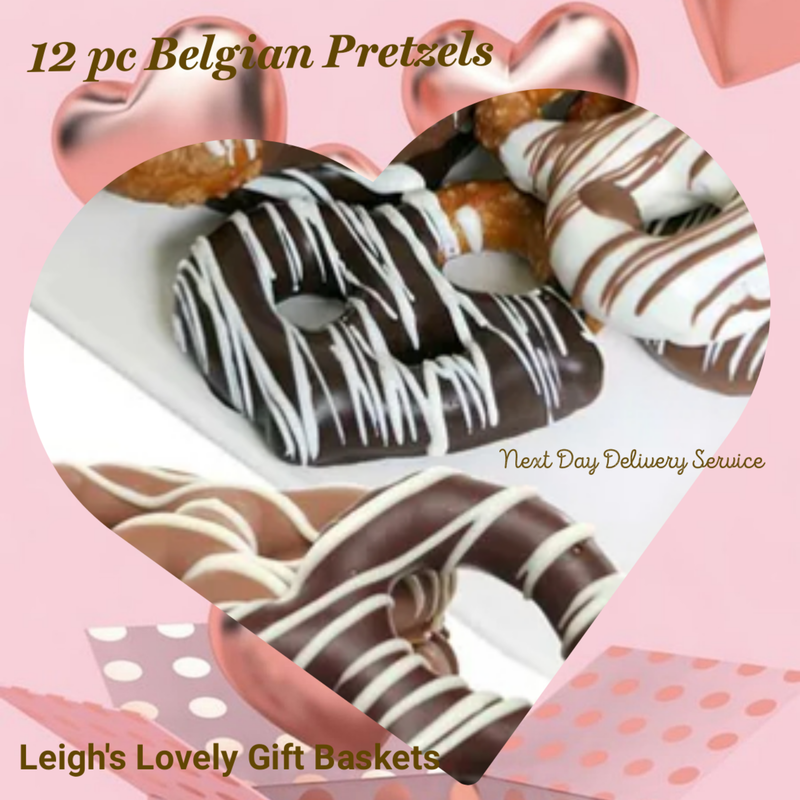 12 pc Belgian Pretzels 
Twelve  Pretzel Twists are dipped in Belgian Milk, Dark and White Chocolate and decorated with 
Chocolate Drizzle Toppings

