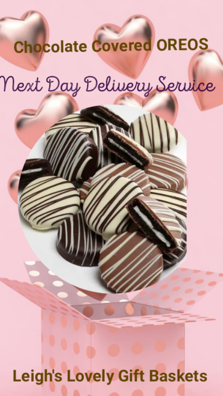 Chocolate Covered Oreos 
Includes:
• 14 Oreo Cookies
• Milk and Dark Chocolate
• 'Birthday' Candy Topping
• Sprinkle Decoration
• Reusable Cooler Included
Photo connects to Leigh's online gift boutique 