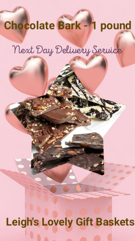 Chocolate Bark - 1 pound 
An assortment of three varieties of chocolate bark. This is a great gift idea for a personal or business gift for the avid chocolate lover! 
Includes:
• Oreo® Cookie White Belgian Chocolate Bark
• Milk Chocolate Caramel and Pretzel Bark
• Belgian Dark Chocolate Almond Bark
Overnight Shipping for Next Day Delivery . Click on the photo to connect to Leigh's online gift boutique 