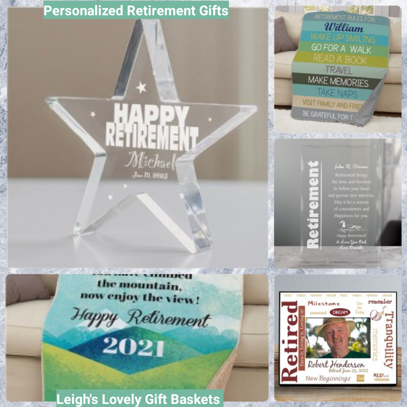 Photo Collage link to connect to Leigh's Shopping Website. Select Personalized Gifts under the Shop Menu. Select Retirement category. 