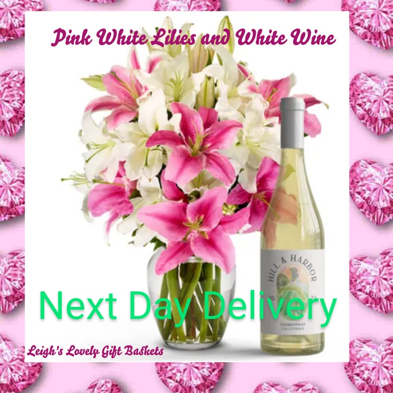 Pink White Lilies and White Wine  includes: • Pink and White Lilies • 750 mL Bottle of White Wine • Personalized Card Message • Glass Vase