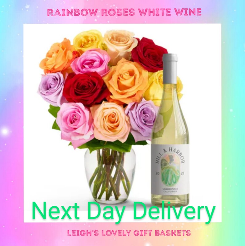 Rainbow Roses White WIne Includes: • One Dozen Long Stem Roses • Variety of Colors • 750 mL Bottle of White Wine • Personalized Card Message • Glass Vase