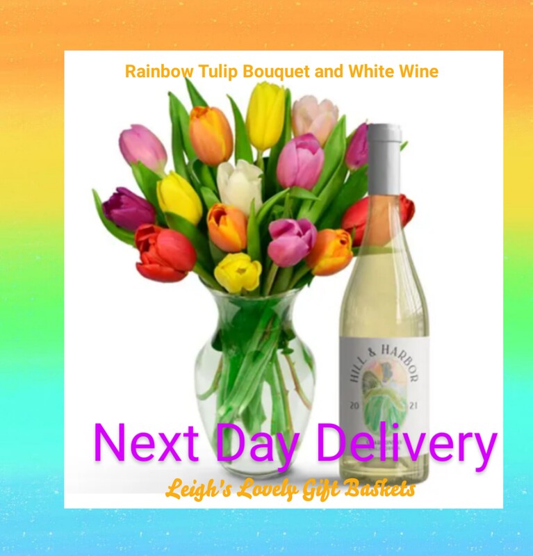  Rainbow Tulip Bouquet and White Wine Includes:Includes: • 15 Tulips • Variety of Colors • 750 mL Bottle of White Wine • Personalized Card Message • Glass Vase