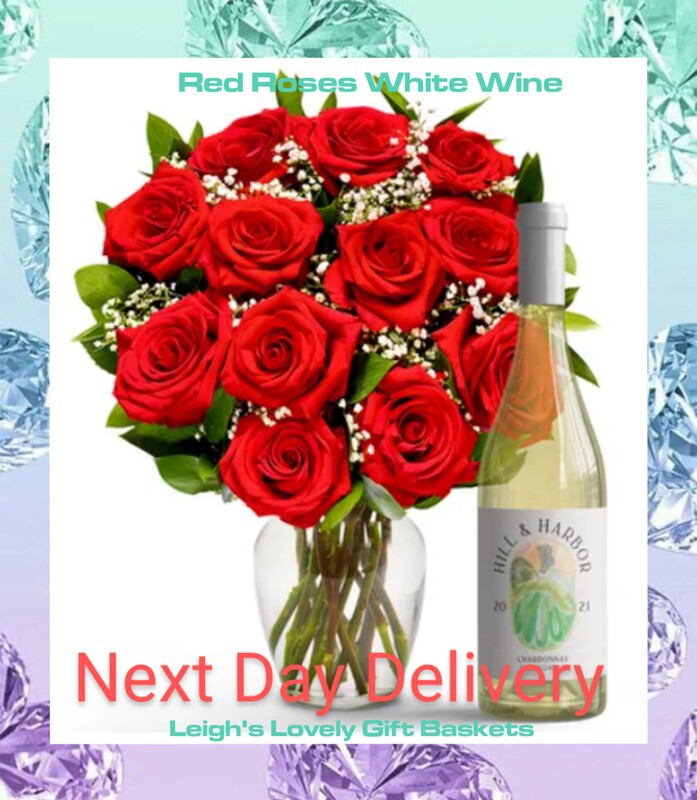 Red Roses White WIne Includes: • One Dozen Long Stem Red Roses • 750 mL Bottle of White Wine • Personalized Card Message • GlassVase