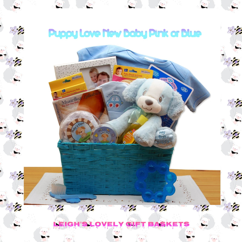 Bright blue woven basket features an ultra-soft plush My First puppy, footprint kit, first tooth and curl keepsake box, baby lullaby CD, baby manicure set, baby brush and comb set, Johnson and Johnson Baby Shampoo, baby gel teether, baby photo frame, baby beanie, and a baby bodysuit. 

