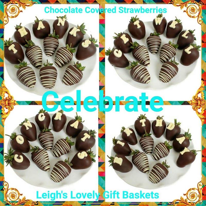 Chocolate Covered Strawberry with edible message.

 12 delicious, juicy, strawberries are dipped in Belgian Chocolate and then decorated to spell 
Thanks, Get Well, Congrats or Birthday ( pictured separately in online store). Chocolate contains milk and soy. This product is made in a facility that manufactures products containing one or more of the following ingredients: peanuts, tree nuts, soybeans milk, eggs and wheat.
Gift Includes: 
• 12 Fresh Strawberries
• Edible Message
• Dipped in Belgian Chocolate
• Reusable Cooler Included
Ships Overnight via UPS for Next Day Delivery Tuesday-Friday.  Photo connects to Leigh's Lovely online gift boutique 
