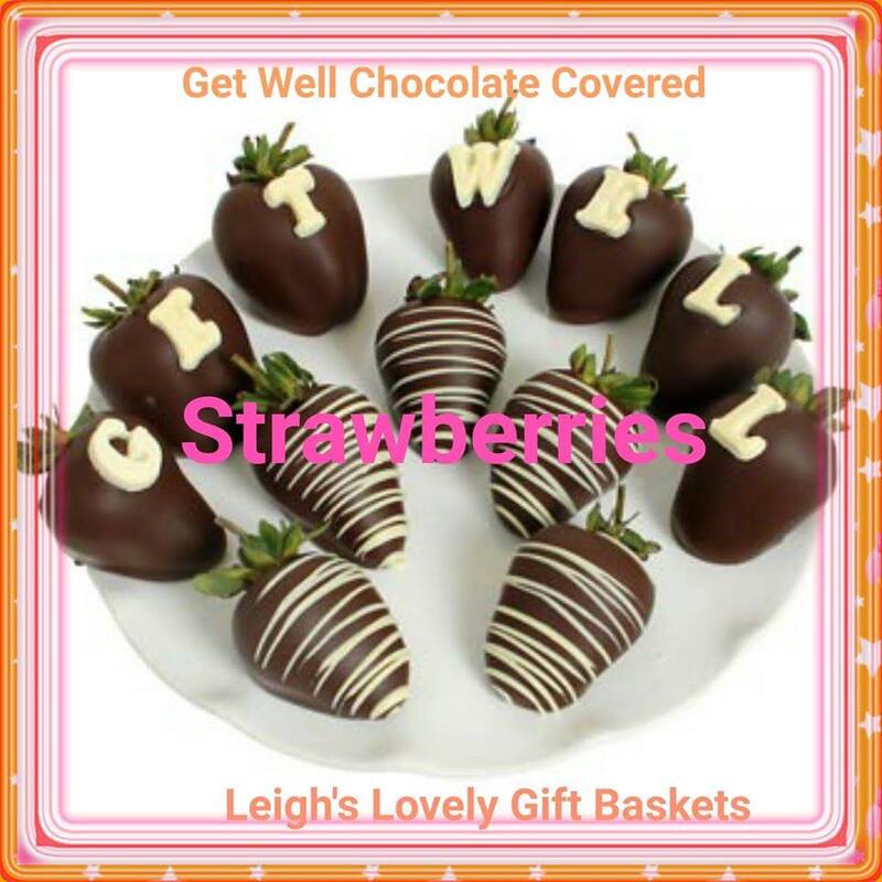 GET WELL Chocolate Covered Strawberries

When your loved one isn't feeling so well, nothing will pick them up like these delicious GET WELL chocolate covered strawberries. Every luscious strawberry is hand-dipped in Belgian Chocolate and then decorated to spell out "Get Well". Let them know you are thinking of them in a way that is both thoughtful and delicious. Please note that chocolate contains milk and soy. This product is made in a facility that manufactures products containing one or more of the following ingredients: peanuts, tree nuts, soybeans milk, eggs and wheat.


Includes:
• Get Well Chocolate Message
• Dipped in Belgian Chocolate
• Decorative White Drizzle
• Resuable Cooler

Available for Next Day Delivery $18.95 through our network!

IMPORTANT: All Orders must be placed before Noon Eastern for next day delivery!  Photo connects to  Leigh's Lovely online gift boutique. 