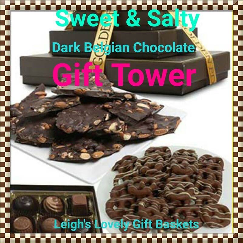 Sweet and Salty Dark Belgian Chocolate Gift Tower
( also available Salty and Sweet Milk Chocolate Belgian Tower) 

Sweet. Salty, and over the top, this tower offers pretzels, bark and chocolates covered with dark Belgian chocolate to satisfy those cravings! 

Chocolate contains milk and soy. This product is made in a facility that manufactures products containing one or more of the following ingredients: peanuts, tree nuts, soybeans milk, eggs and wheat.  Ships Overnight vis UPS for Next Day Delivery Tues-Fri