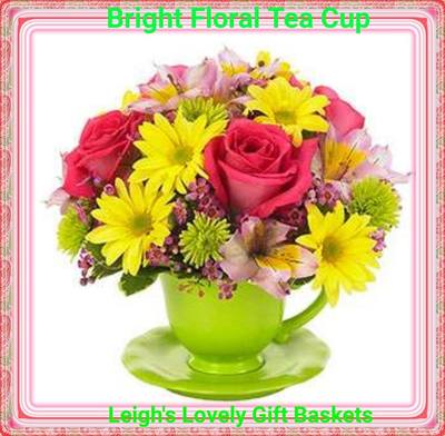 Bright Floral Tea Cup Bouquet is full of cheer with Hot Pink Roses,Yellow Daisies, Green Button Poms and Pink Waxflower in a
reusable Tea Cup Vase (Tea Cup color may vary). Same Day Delivery Service available Monday- Friday. Order before 10 am EST. 
 