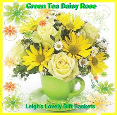 Green Tea Daisy Rose features Green Roses,  Yellow Daisy Poms and Monte Casino arranged in a bright green tea cup with saucer.   Same Day Delivery Service available Monday- Friday. Order before 10 am EST. 
 