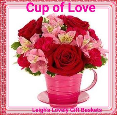 Cup of Love Bouquet . Hot Pink Tea Cup with Red Roses, Pink Alstroemeria,
 Pink Carnations and
 Pittosporum.  Same Day Delivery Service available Monday- Friday. Order before 10 am EST. 
 