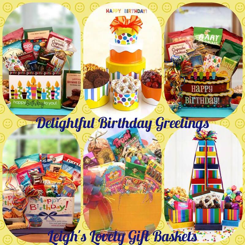 Collage link to Leigh's Shopping Website. Birthday themed gift baskets and towers and more ! 