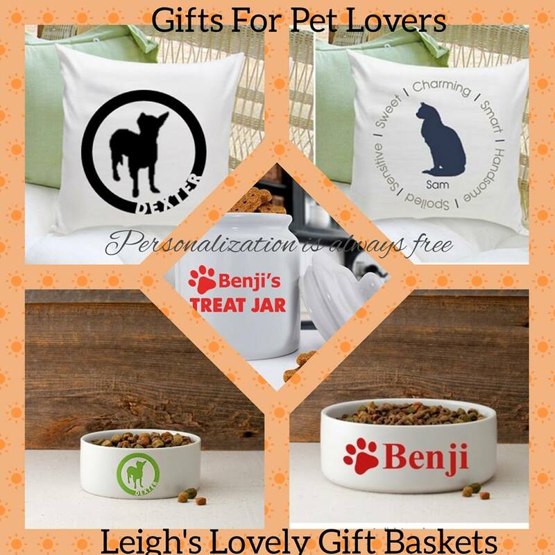 Personalized Pet Lovers Gift collage link to Leigh's Shopping website/ Select Personalized Gifts under the SHOP Menu. Select Pet Lovers Gifts category 