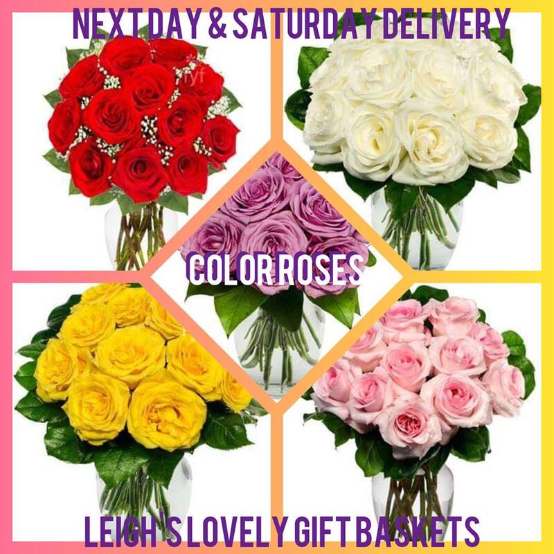 Color Rose Bouquets are available in red, pink, lavender, yellow and white. Clear glass vase is included. Bouquet arrives pre-bloomed and will bloom in 2-3 days . Ships in a flower box with arranged bouquet, glass vase, flower food packet and personal card message. 
