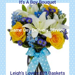It's A Boy Bouquet combines White Asiatic Lilies, Yellow Roses,Blue Delphinium and
Purple Monte Casino. Same Day Delivery Service available Monday- Friday. Order before 10 am EST. 
 in a clear, fluted glass vase and tied with a blue polka dot ribbon.  Same Day Delivery Service available