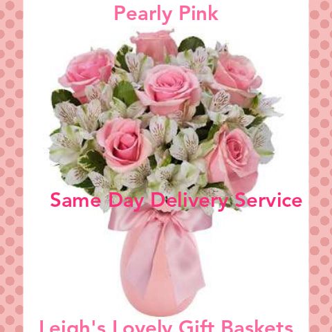 Pearly Pink Bouquet with Pink Roses and
 White Alstroemeria arranged in a pink vase and tied with a
satiny pink ribbon.  Same Day Delivery Service available Monday- Friday. Order before 10 am EST. 