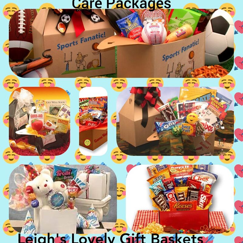 Care Packages for a variety of ages and occasions. Click on the collage to connect to Leigh's Shopping website. Select Gift Baskets from the SHOP Menu. Select All Gift Basket Gift Ideas. Select Variety of Gifts. Select Care Packages
