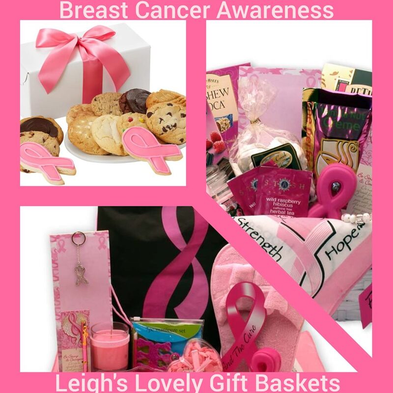 Photo collage link connects to Leigh's Shopping website. Select Gift Baskets from the SHOP Menu. Select Breast  Cancer Awareness category. Three gift baskets are available. 