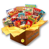 Care Package in craft paper box contains Suduko puzzle book
Riddle and Puzzle activity book,Glow Sticks,original mini Slinky,Kids card game,Squishy Smiley face stress ball,Squishy putty  and an assortment of snack items and sweets. 