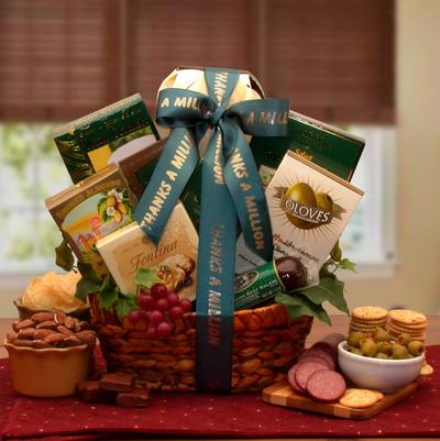 Gourmet Thank you $66.00  Stained basket with dark green ribbon printed " Thanks A Million" in gold lettering