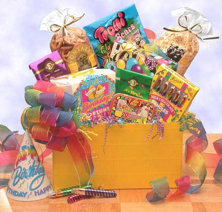 Yellow Gift Box with Rainbow Birthday Ribbon makes birthdays fun with Fortune Cookies
Jelly Belly Asst Jelly Beans,Lemon Drops Candies,White Chocolate Cookies, and
Happy Birthday Candy Sticks