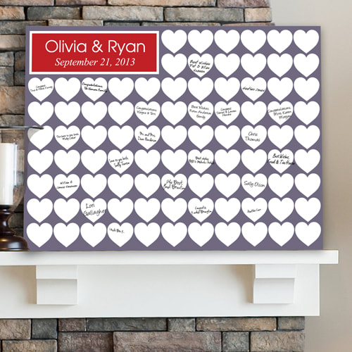 Attractive Guest Signature Canvas  tones of gray, white, and red. Couples name and event date personalization are displayed in a red box in the upper left corner while small white hearts in an American flag-like striped design decorate the remainder of the print with heartfelt messages from your loved ones.