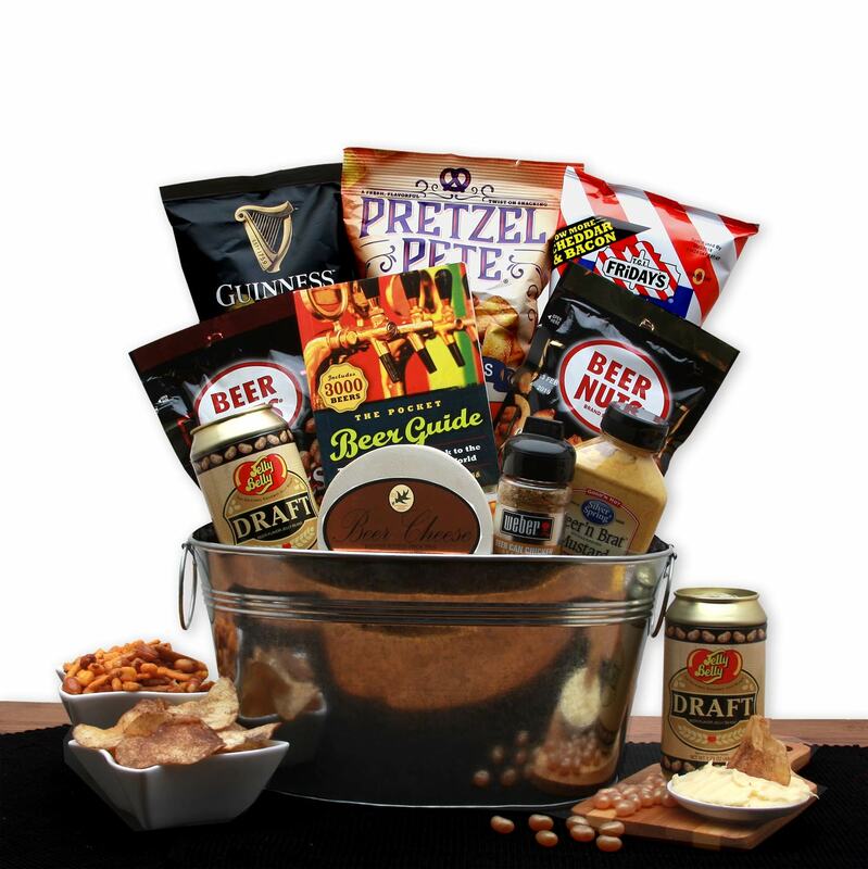 Galvanized bucket filled with tasty snacks for any beer lover! 