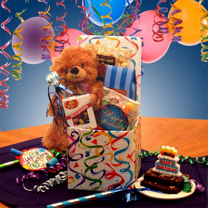 Birthday gift box filled with fun suprises!  Includes an 8 inch. teddy bear, Happy Birthday candle horn, and noise maker. Treats include 
Jelly Belly jelly beans,Sour Balls, Crunchy Caramel corn,Fudge brownies and
4 piece assorted cream center chocolates