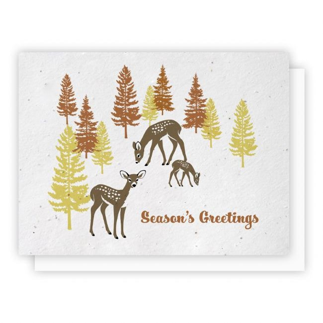 Deer Family 5-Pack cards feature a family of deer in dark brown with chocolate brown and gold pine trees and a " Seasons Greetings" message on a white background. Card is embedded with wildflower seeds. Select the Holiday Greeting Cards category
