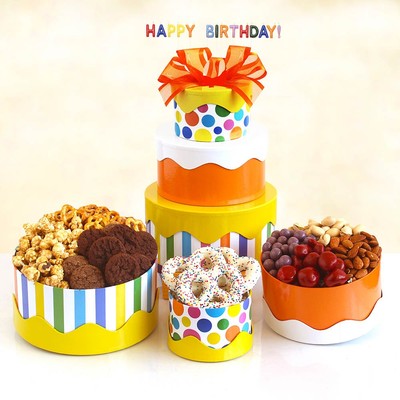 Bright colors, stripes and dots create a very festive gift tower filled with Caramel Popcorn,
White Yogurt Pretzel,
California Smoked Almonds,
Roasted Salted Pistachios,
Chocolate Covered Berries,Cookies,Butter Toffee Pretzels, and Happy Birthday Candles