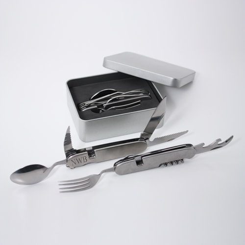 Adventurers 10-function Multi-Tool includes a knife, fork, spoon, serrated knife, x2, file, scissors, bottle opener, wine top slicer, corkscrew and mini-pry bar. This unique tool comes apart for handy use of 2 utensils/tools at once as well as arrives in a great tin box.

Measures 11"L x 2.3"W when closed. Tin box measures 10" x 12"