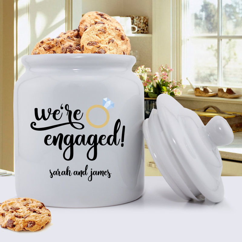 We're Engaged Cookie Jar shown Personalize with couple's first names