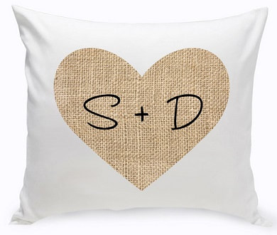 Couple's Burlap Heart Throw Pillow with burlap heart and first initials. 