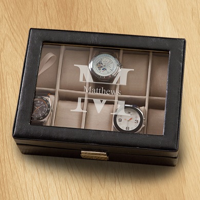 NEW Monogrammed Men's Watch Box $58.99  Leather top stitched case with glass hinged lid, suede like velvet cushions and polished nickel closure. Available in three monogram designs.  Personalize with one line up to 15 characters. 