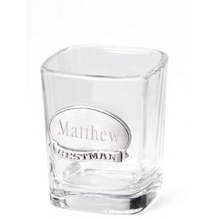 Celebrate and remember a special day and friendship with this personalized clear shot glass. with pewter medallion. Choose medallions for Groom, Groomsman, Best Man, Usher or coat of arms. Add a first name up to twelve characters. 