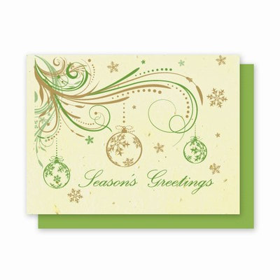 NEW Ornament Swirl - 5 Pack. Elegant swirling branches with hanging ornaments in sage green and gold with a parchment background. Cards are embedded with wildflower seeds. Holiday Greeting Cards category.  