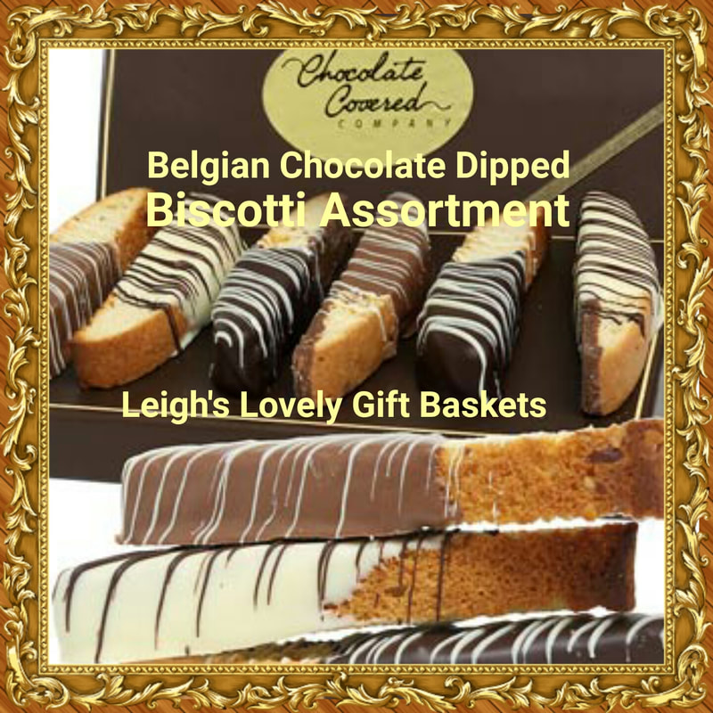 Twelve Biscotti are individually hand dipped in Belgian white, dark and milk chocolate and accented with drizzle decoration. Next Day Delivery Service is available 
Click here to connect to Leigh's online gift boutique. Select Chocolate Covered Treats from the Shop Menu.